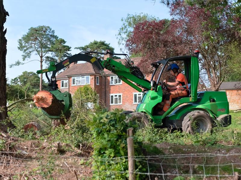Compact tree surgery machine and crew removing a tree beside a house and garden fence